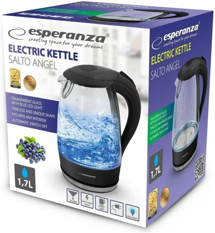 ESPERANZA ELECTRIC KETTLE GLASS  WITH LED LIGHT SALTO ANGEL 1.7L White  ელექტრო ჩაიდანი
